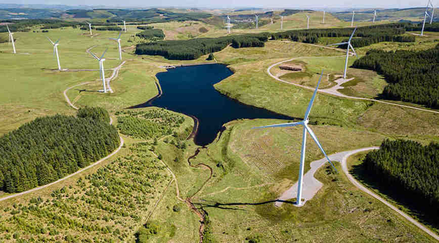 Onshore Wind Farm With Lake And Forest